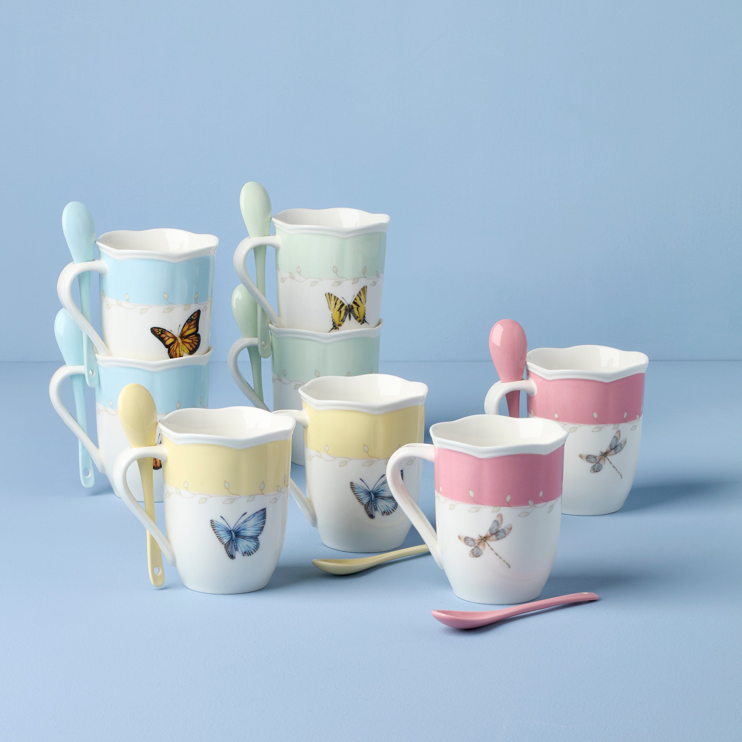 Lenox Premium Butterfly Meadow Color Mugs with Spoons, Set of 8 - Image 2