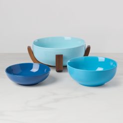 Alternative view of Lenox Premium 24 Seven Turquoise 3-Piece Nesting Bowl Set with Wood Stand